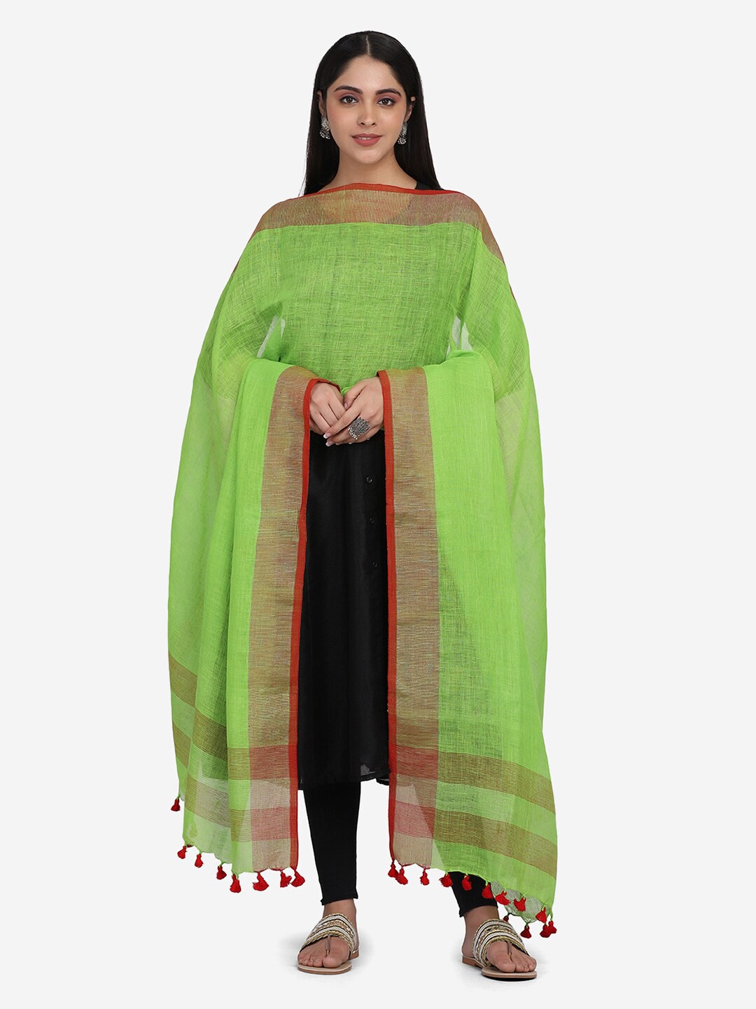 

THE WEAVE TRAVELLER Green & Red Linen Dupatta with Zari