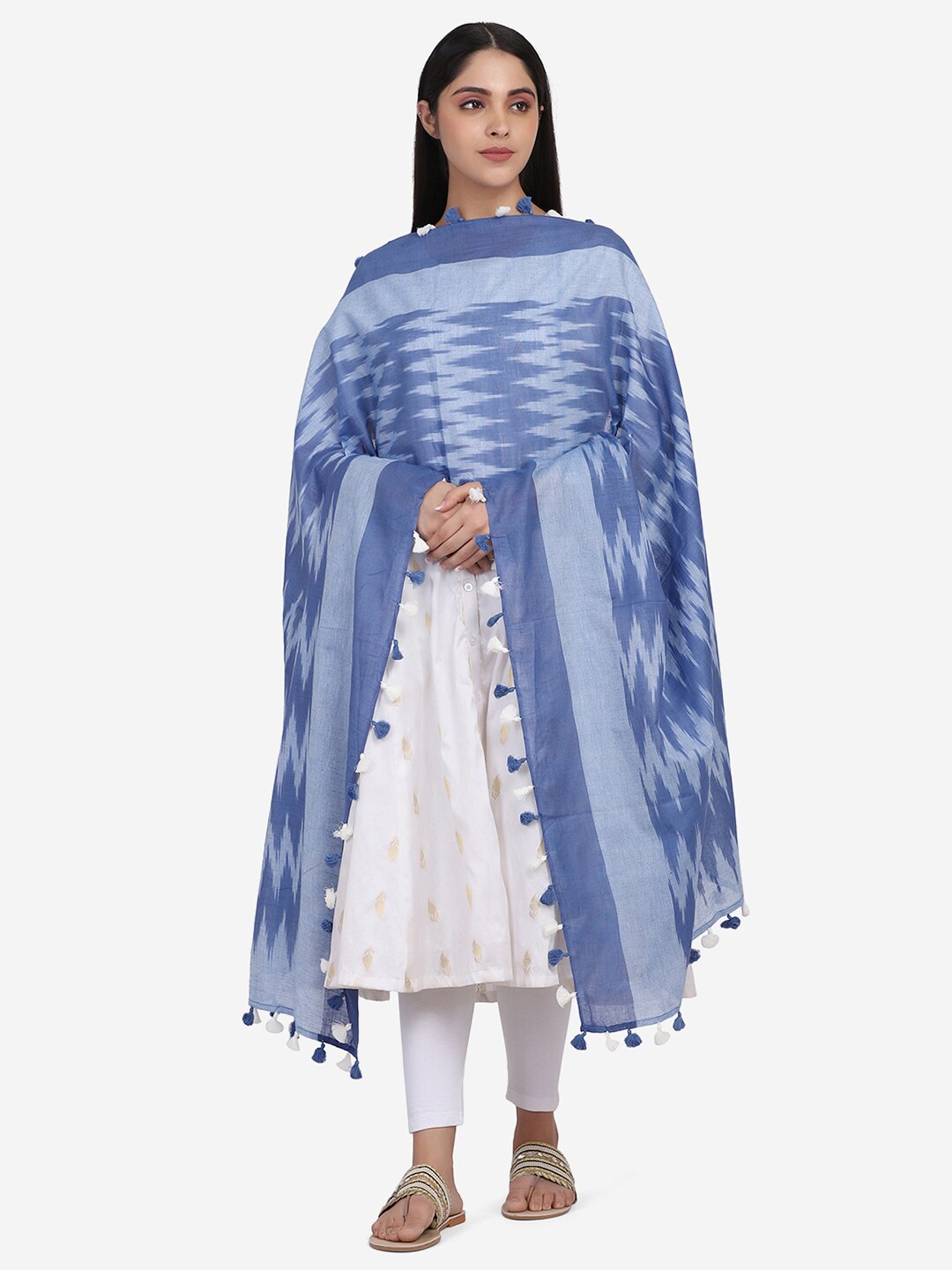 

THE WEAVE TRAVELLER Blue & White Woven Design Pure Cotton Ikat Dupatta