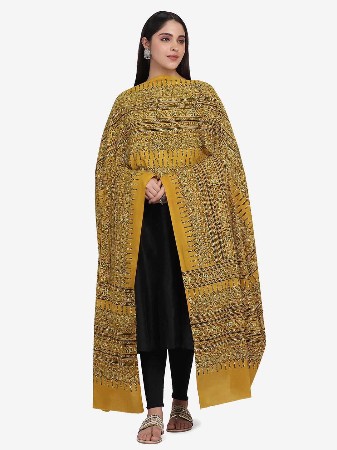 

THE WEAVE TRAVELLER Mustard & Black Ethnic Motifs Printed Pure Cotton Block Print Dupatta