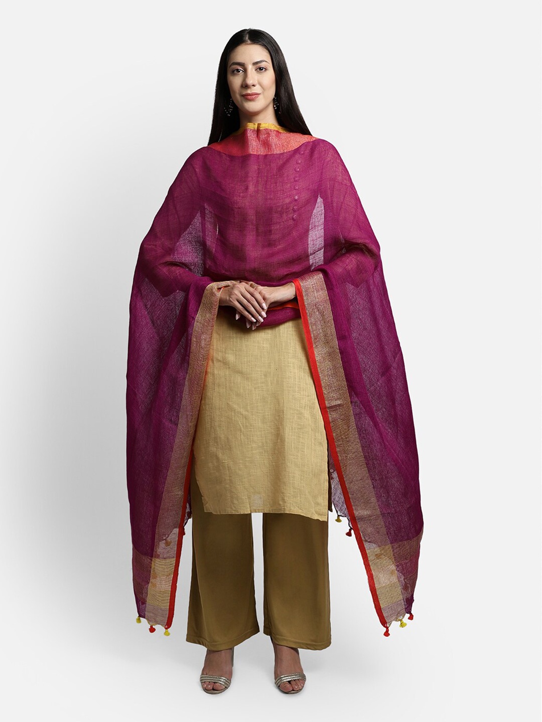 

THE WEAVE TRAVELLER Purple & Yellow Linen Dupatta with Zari