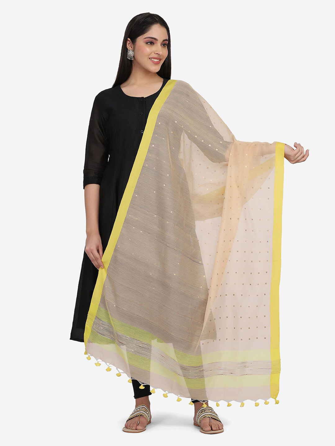 

THE WEAVE TRAVELLER Beige & Yellow Woven Design Dupatta with Sequinned