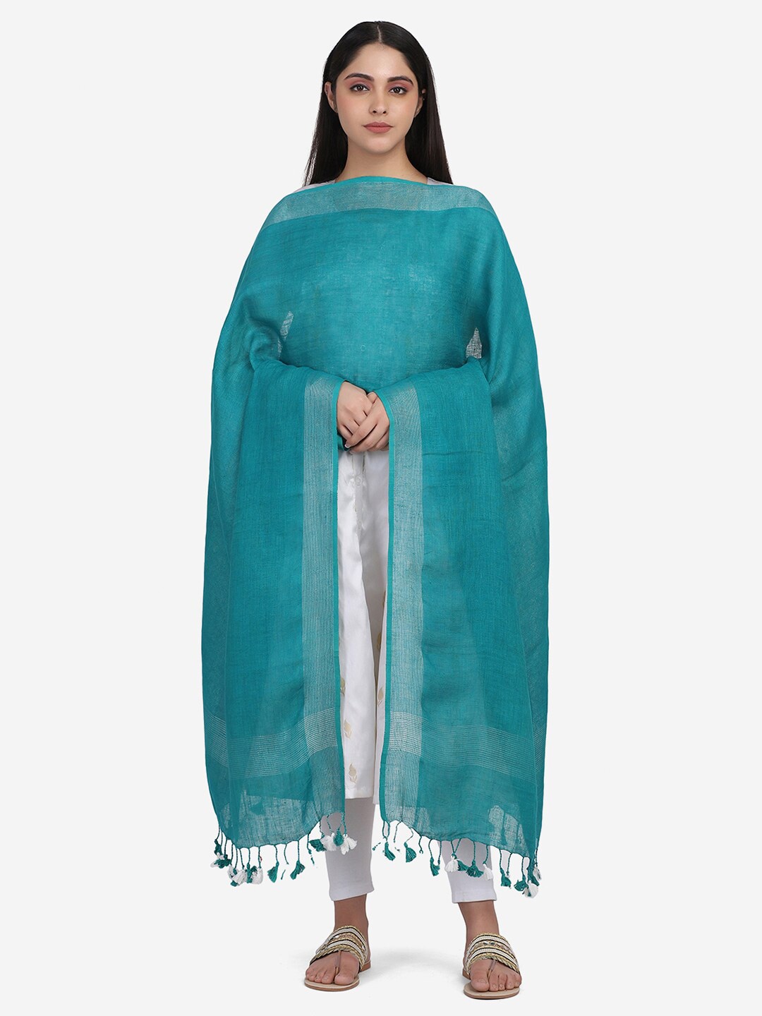 

THE WEAVE TRAVELLER Green Linen Dupatta with Zari