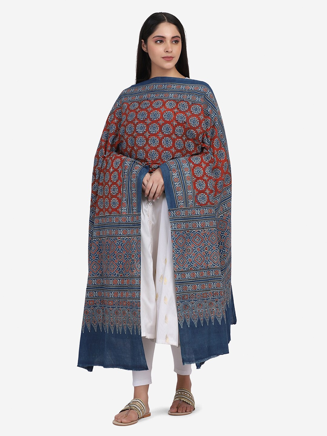 

THE WEAVE TRAVELLER Rust & Blue Ethnic Motifs Printed Pure Cotton Block Print Dupatta