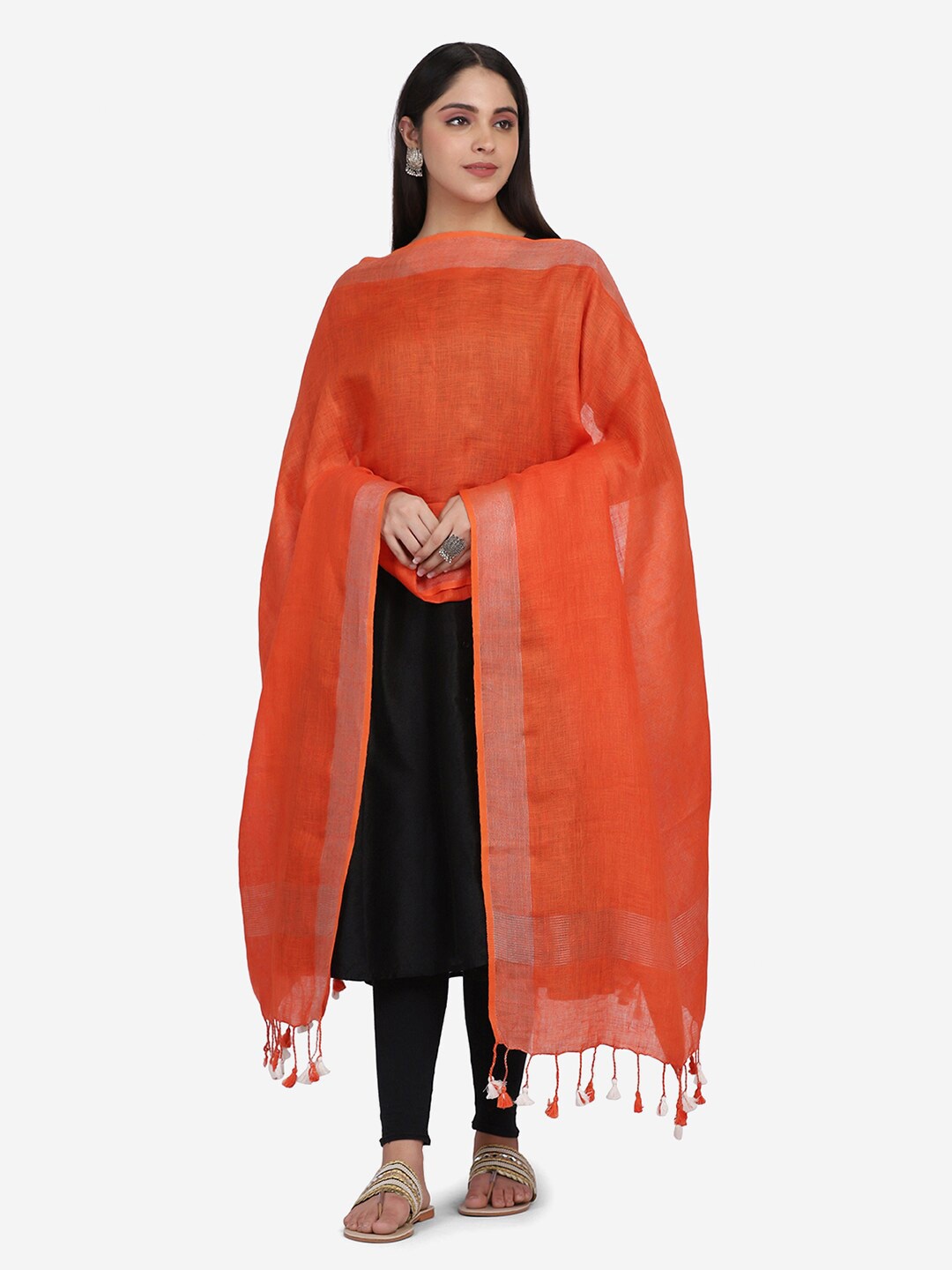

THE WEAVE TRAVELLER Orange Linen Dupatta with Zari
