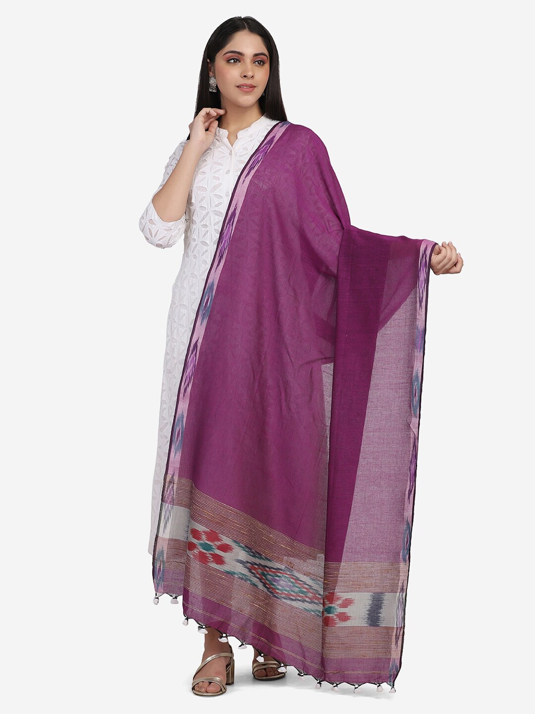

THE WEAVE TRAVELLER Purple & Off White Ethnic Motifs Woven Design Pure Cotton Dupatta