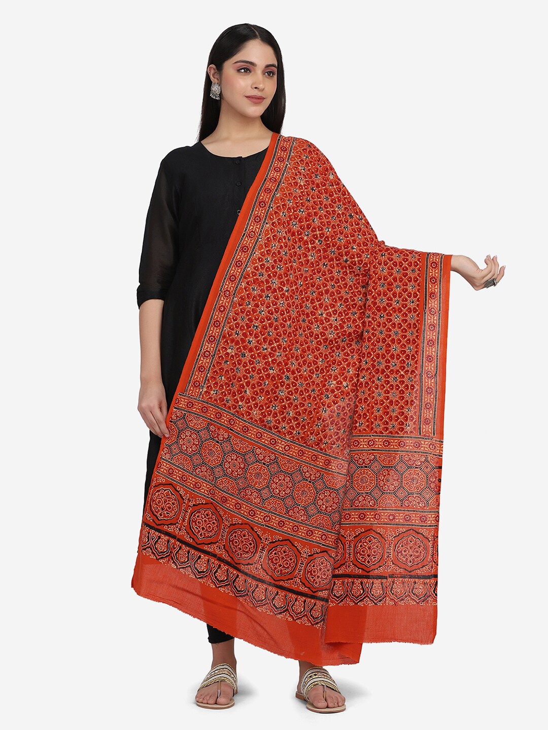 

THE WEAVE TRAVELLER Orange & Black Ethnic Motifs Printed Pure Cotton Block Print Dupatta
