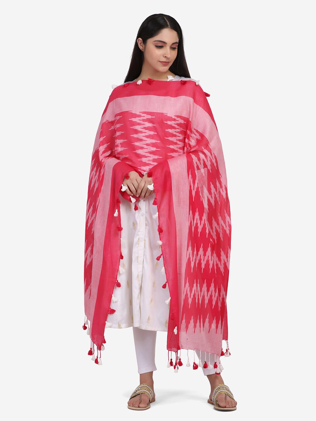 

THE WEAVE TRAVELLER Pink Woven Design Pure Cotton Ikat Dupatta