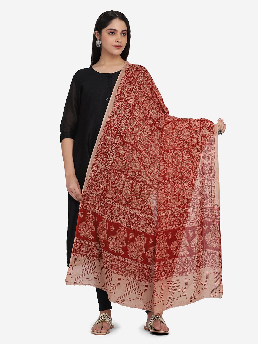 

THE WEAVE TRAVELLER Red & Peach-Coloured Printed Pure Cotton Block Print Dupatta