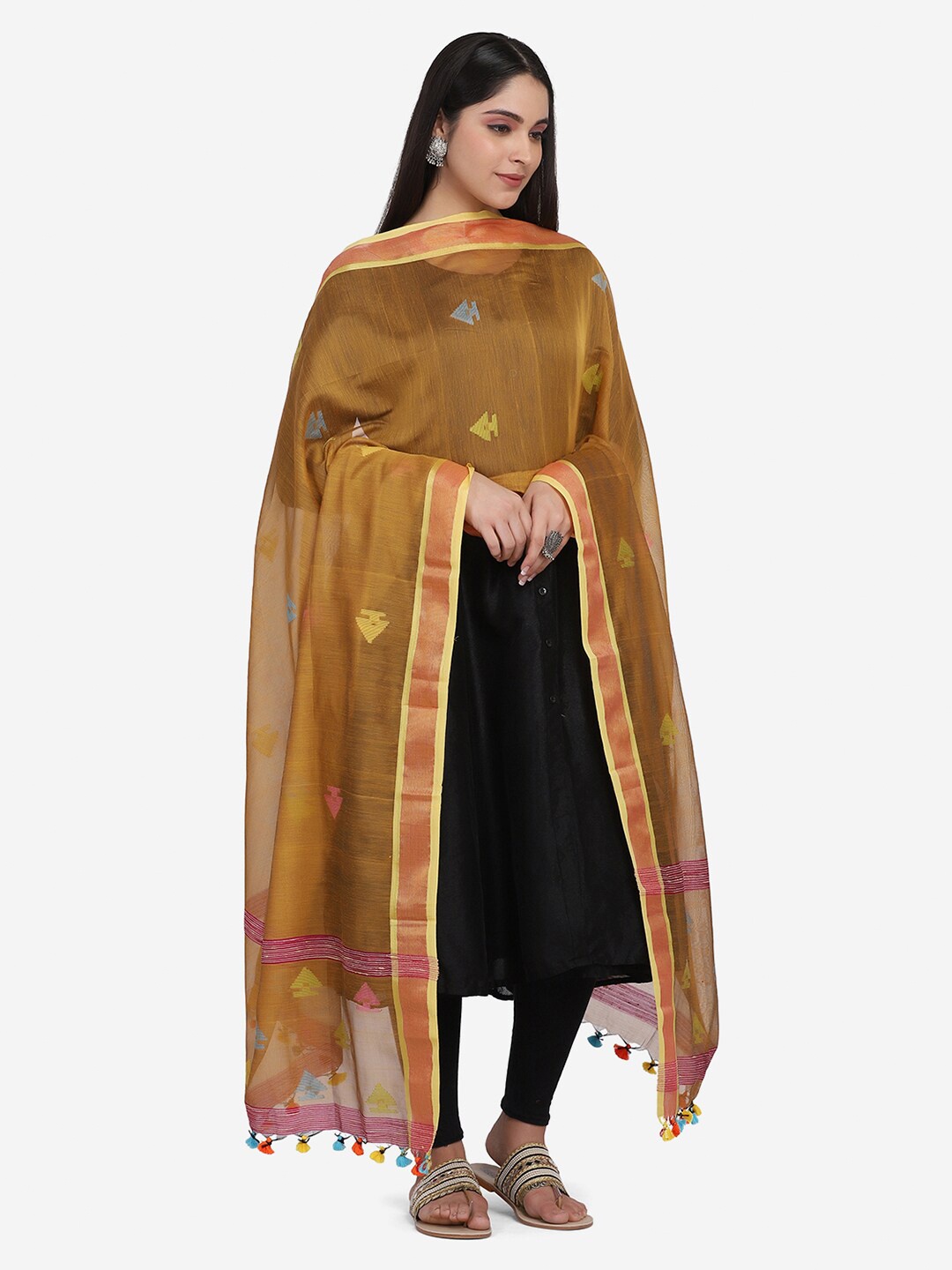 

THE WEAVE TRAVELLER Brown & Orange Woven Design Dupatta with Zari