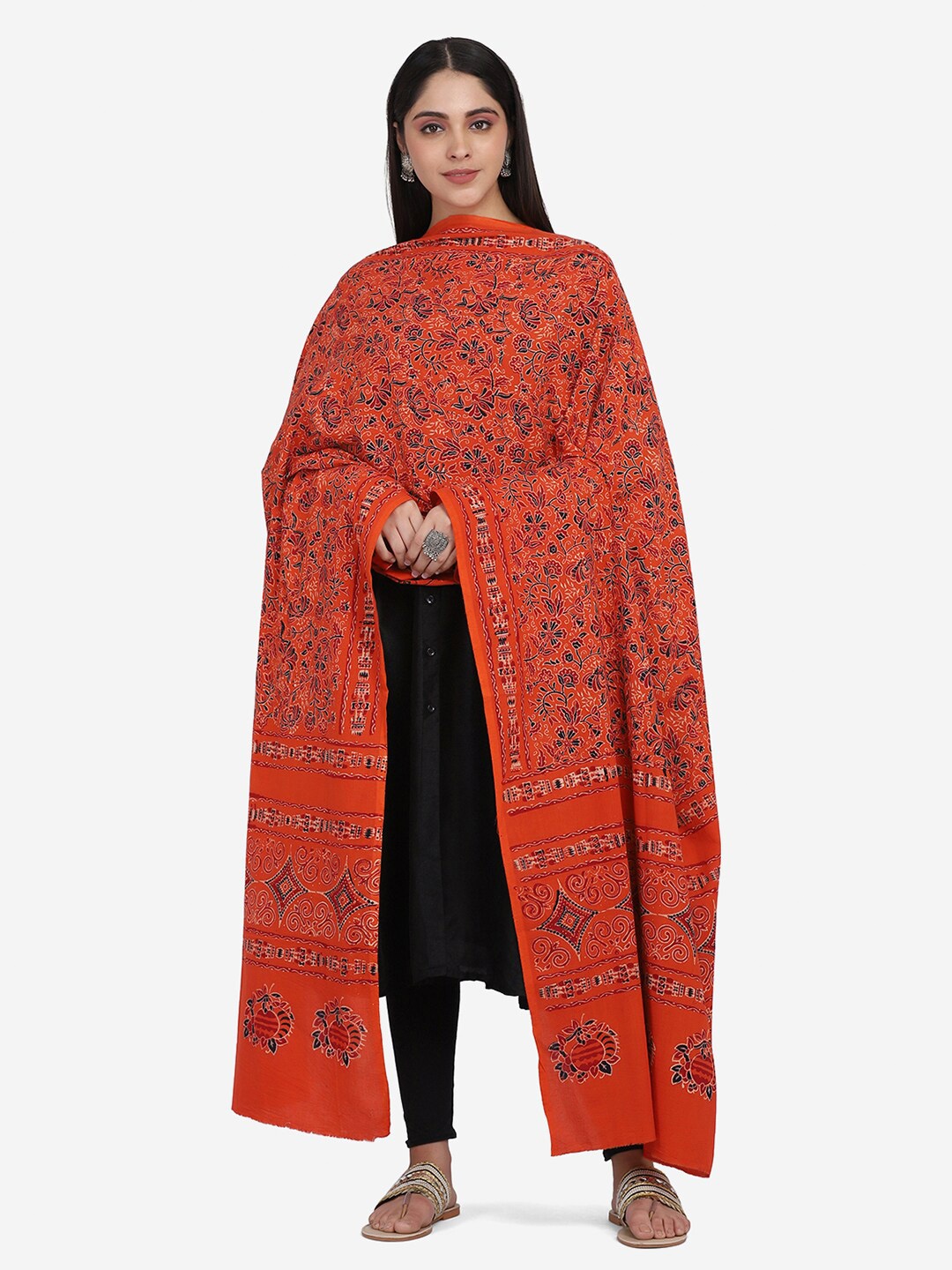 

THE WEAVE TRAVELLER Orange & Blue Ethnic Motifs Printed Pure Cotton Block Print Dupatta