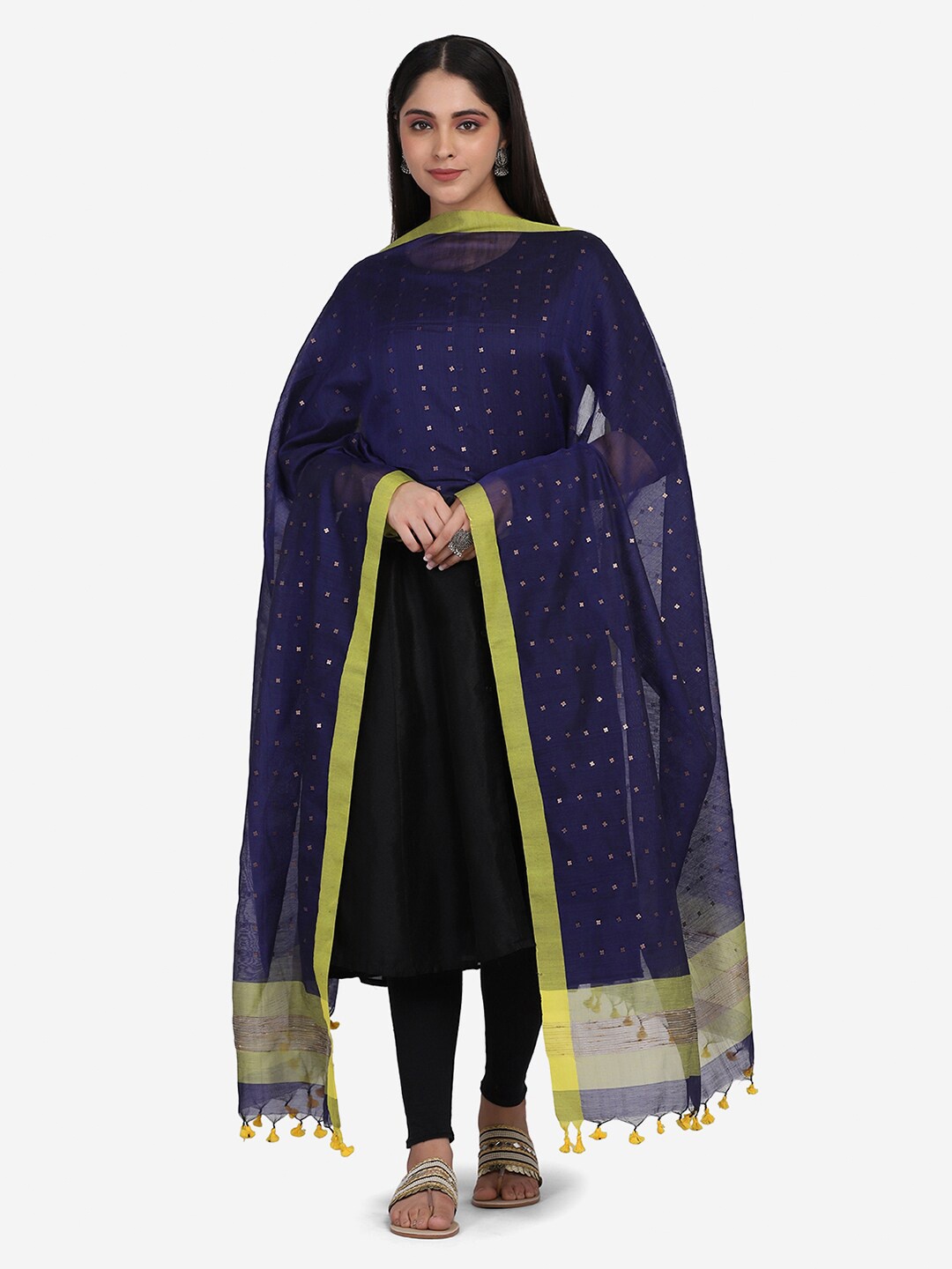 

THE WEAVE TRAVELLER Blue & Gold-Toned Woven Design Dupatta with Sequinned