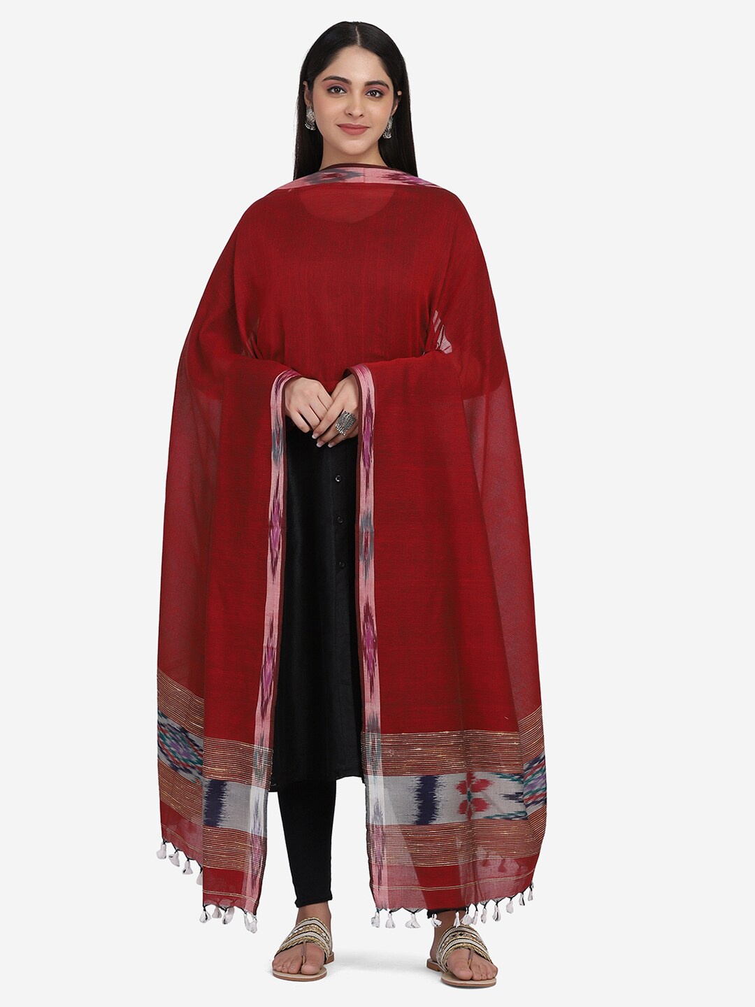 

THE WEAVE TRAVELLER Red & Grey Ethnic Motifs Woven Design Pure Cotton Dupatta