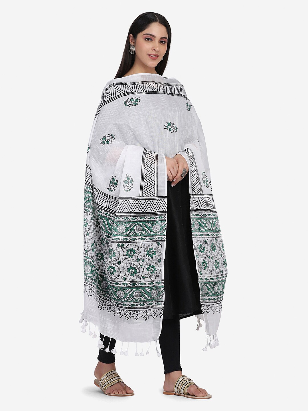 

THE WEAVE TRAVELLER White & Black Printed Block Print Dupatta with Zari