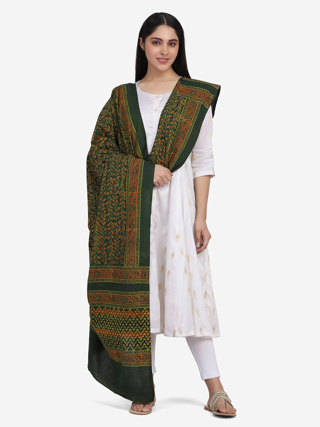 

THE WEAVE TRAVELLER Green & Orange Ajrakh Hand Block Printed Pure Cotton Dupatta