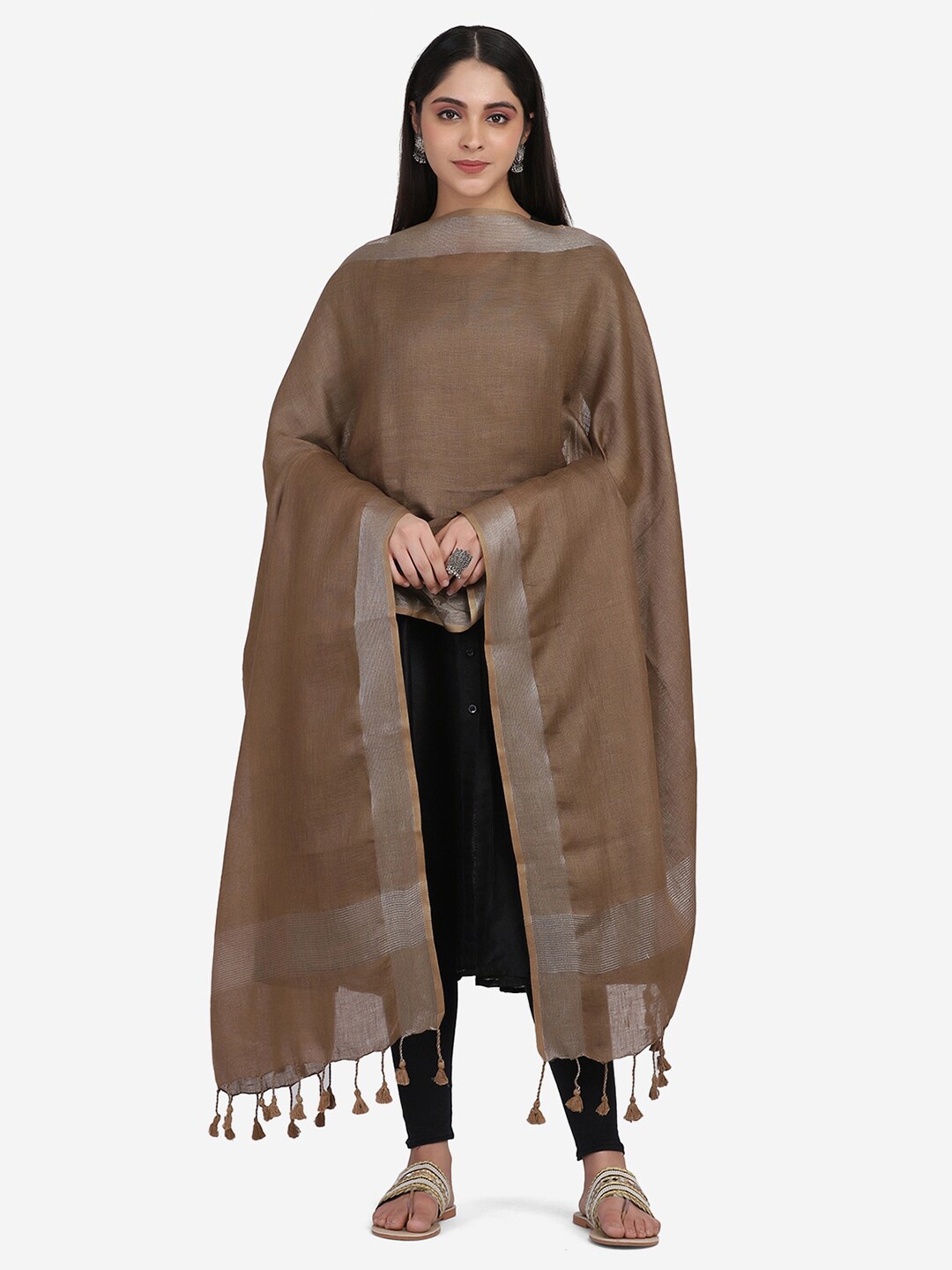 

THE WEAVE TRAVELLER Brown & Silver-Coloured Linen Dupatta with Zari & Pom Pom