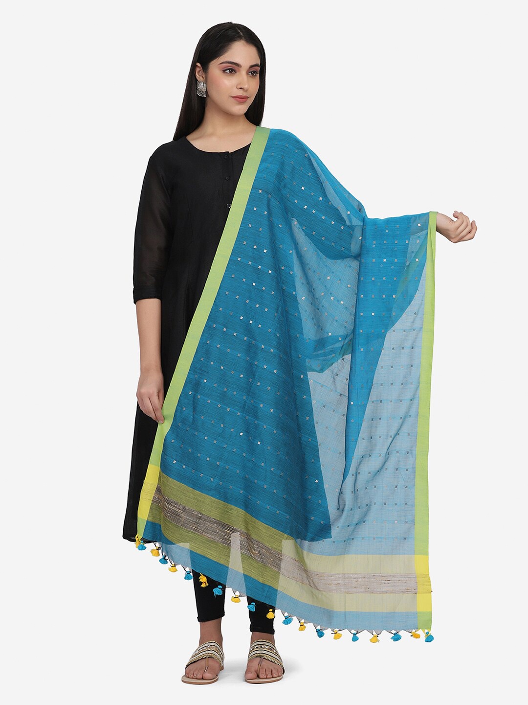 

THE WEAVE TRAVELLER Turquoise Blue & Green Hand Woven Design Dupatta
