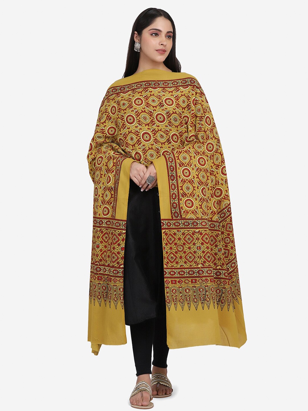 

THE WEAVE TRAVELLER Mustard Yellow & Maroon Ajrakh Hand Block Printed Pure Cotton Dupatta