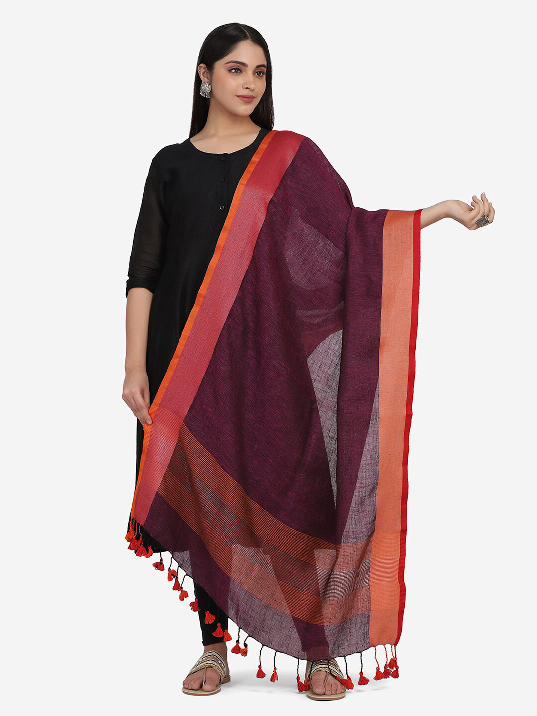 

THE WEAVE TRAVELLER Purple & Red Linen Dupatta with Zari & Pom Pom