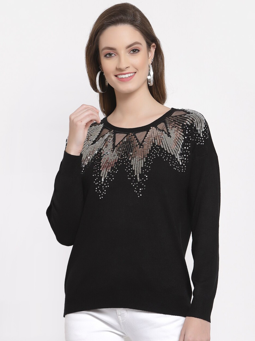 

Mafadeny Women Black & Silver-Toned Embroidered Pullover with Embellished Detail