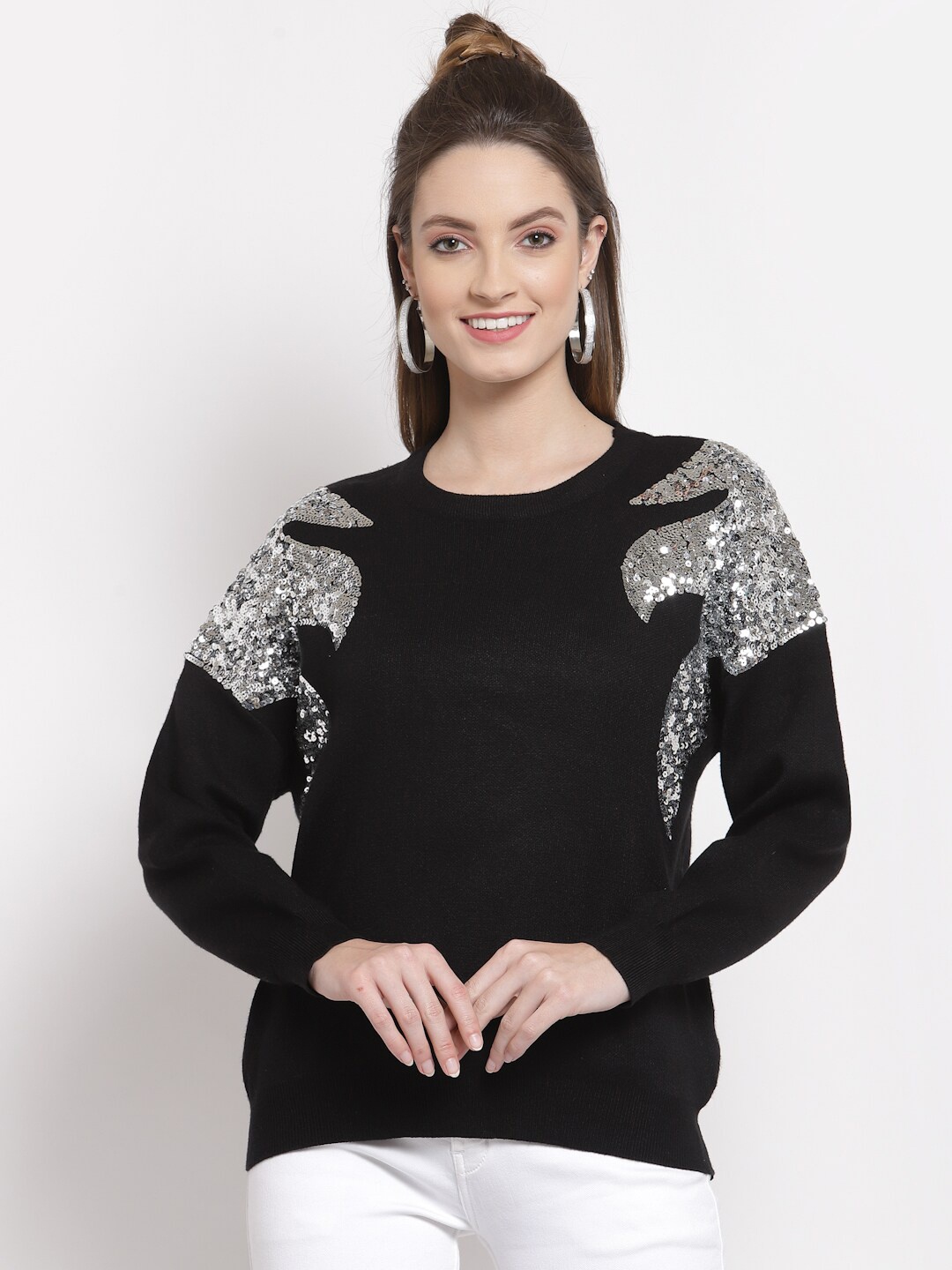 

Mafadeny Women Black & Silver-Toned Embellished Pullover