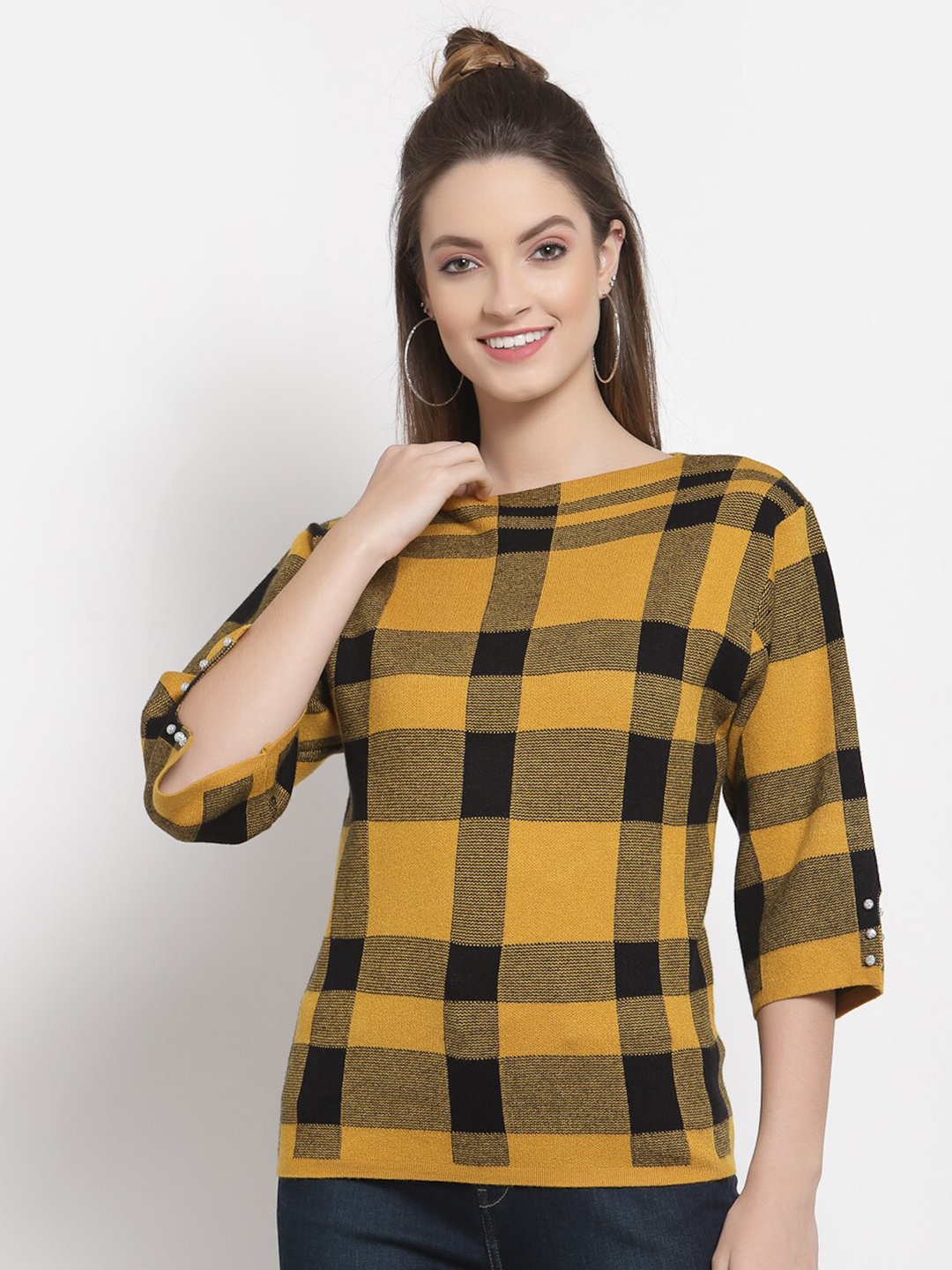 

Mafadeny Women Mustard & Black Checked Pullover