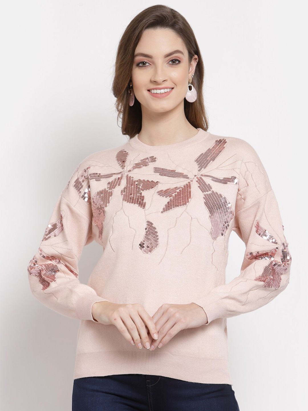 

Mafadeny Women Peach-Coloured Floral Embellished Pullover