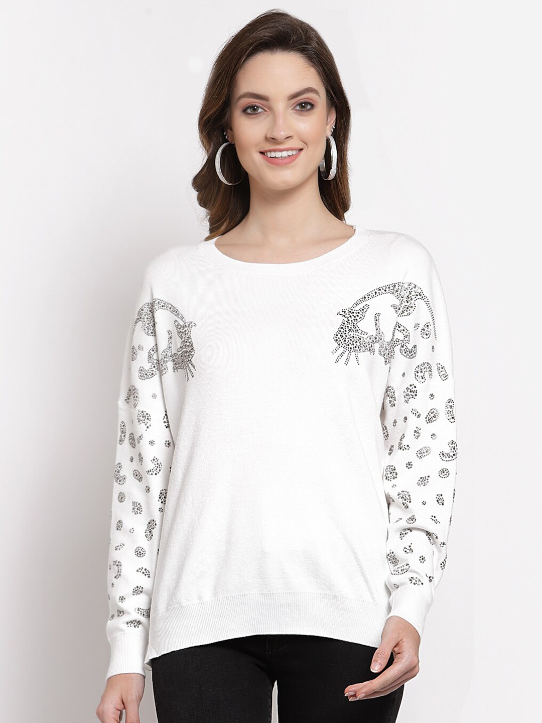 

Mafadeny Women White Embellished Pullover
