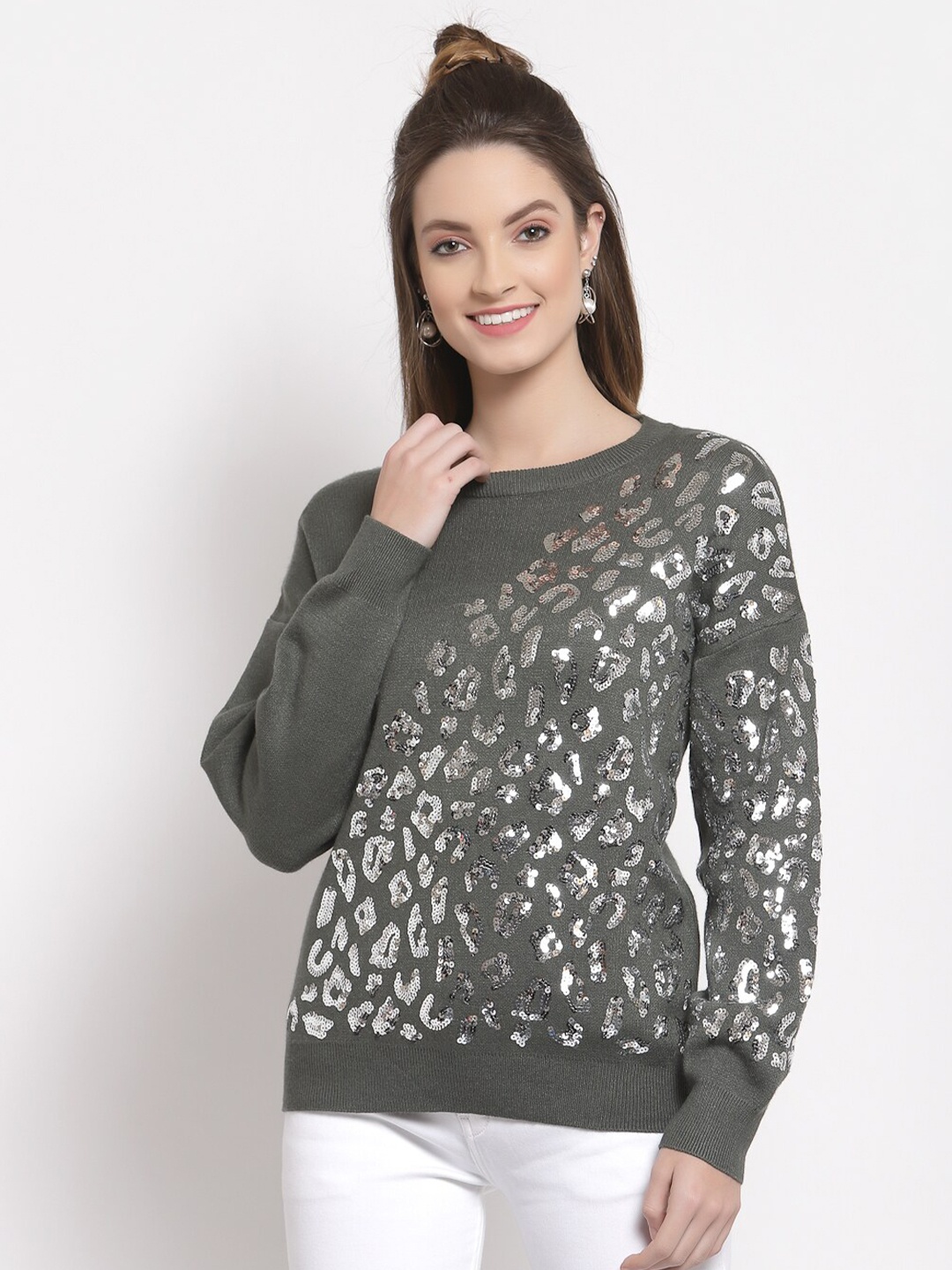 

Mafadeny Women Green & Silver-Toned Embellished Pullover