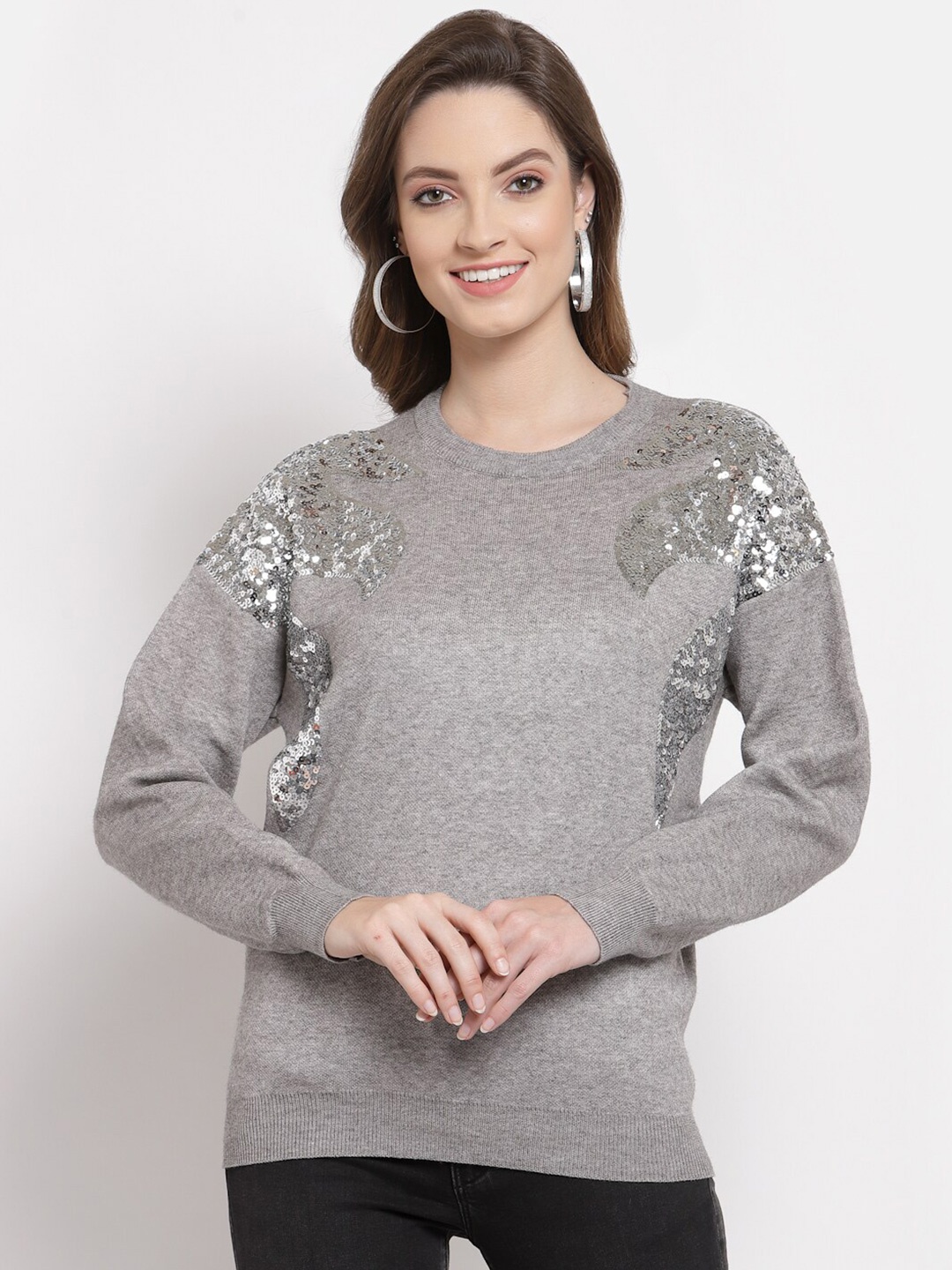 

Mafadeny Women Grey Embellished Pullover