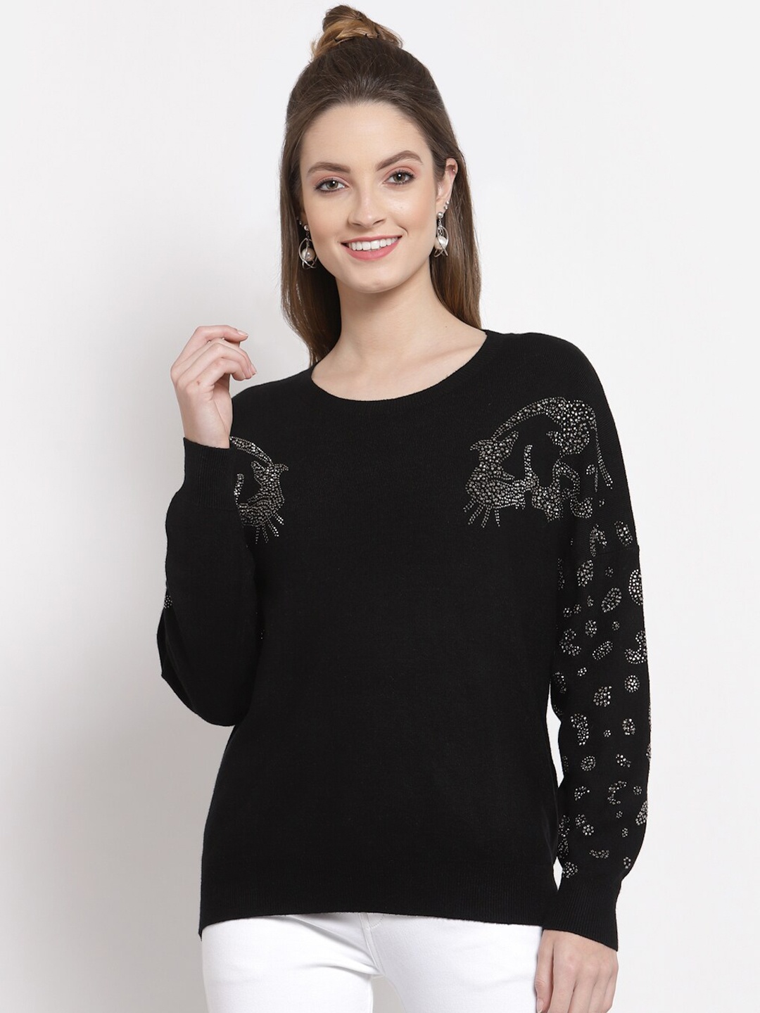 

Mafadeny Women Black & Silver-Toned Embellished Pullover