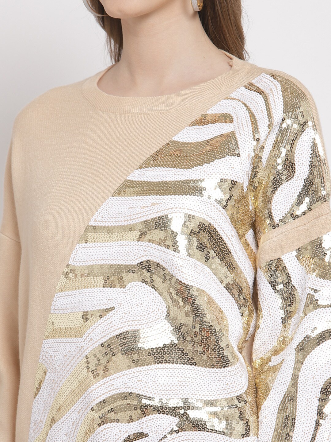 

Mafadeny Women Beige & White Embellished Pullover
