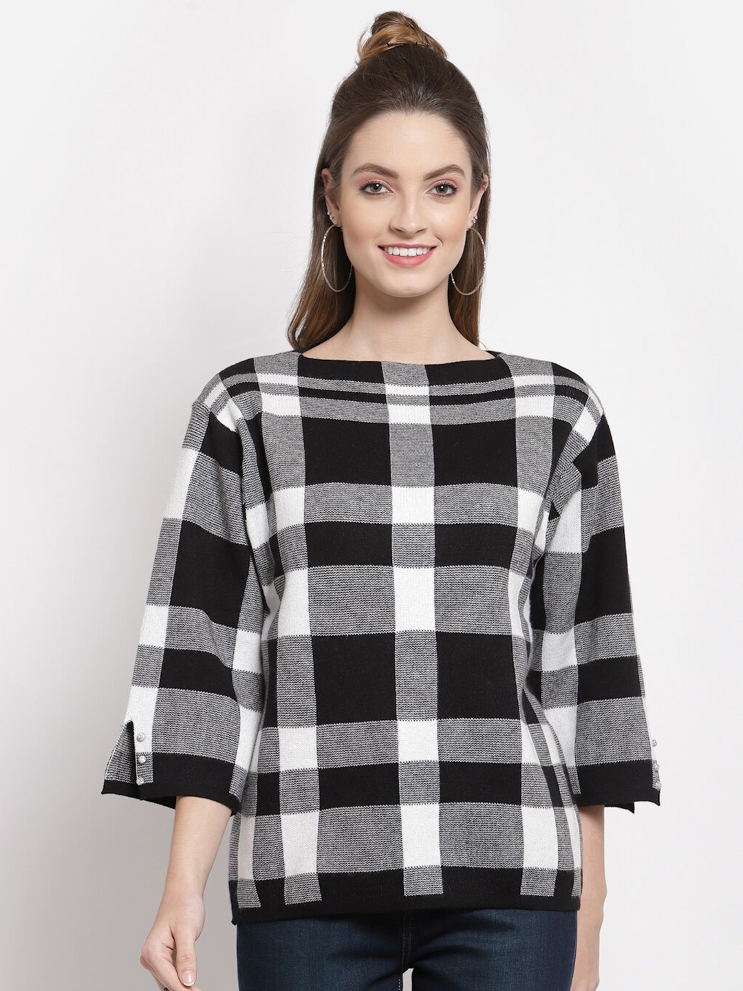 

Mafadeny Women Black & White Checked Pullover