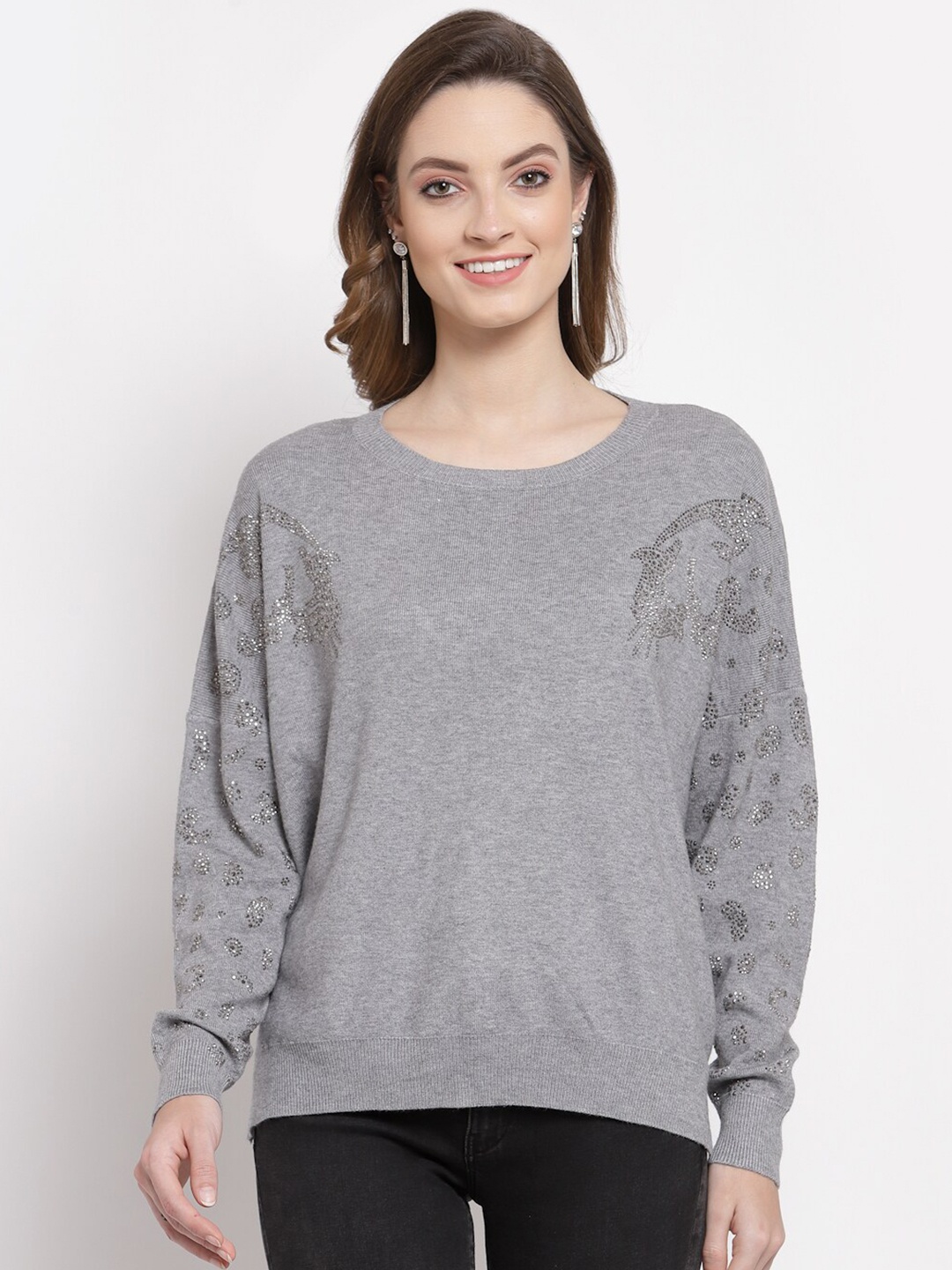 

Mafadeny Women Grey Embellished Pullover