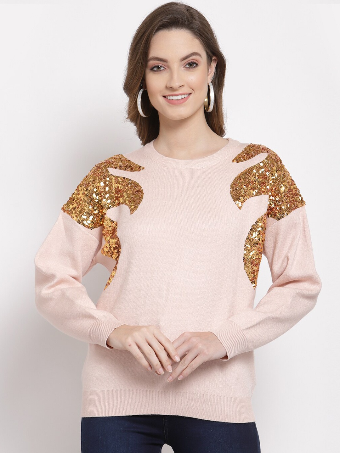 

Mafadeny Women Peach-Coloured & Gold-Toned Embellished Pullover