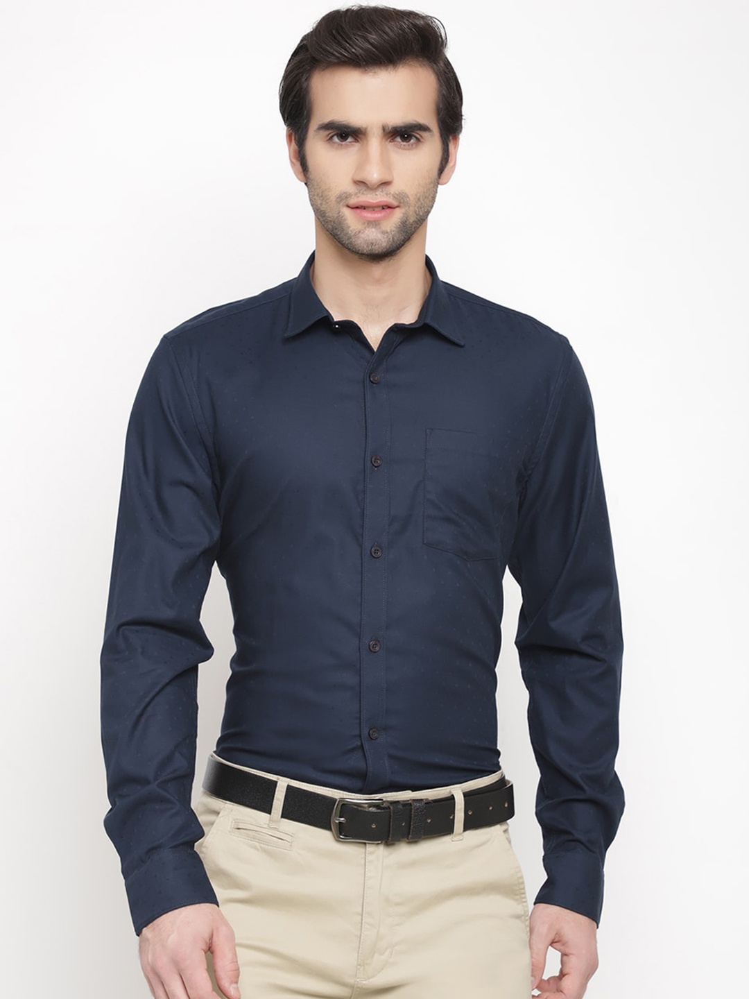 

cape canary Men Navy Blue Opaque Printed Formal Shirt
