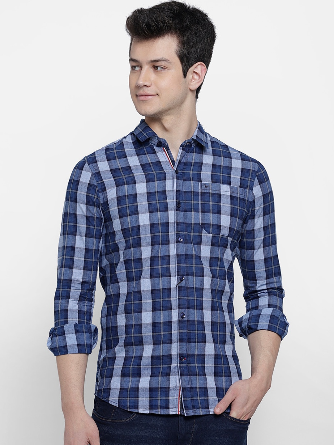 

cape canary Men Blue Tartan Checks Opaque Checked Casual Shirt