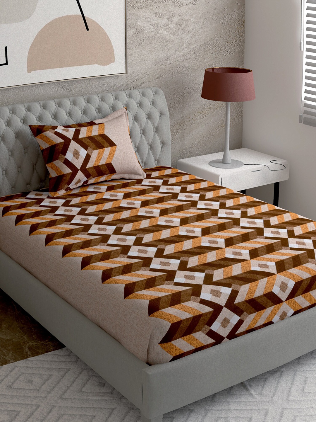 

EverHOME Orange & Brown Geometric 144 TC Single Bedsheet with 1 Pillow Covers