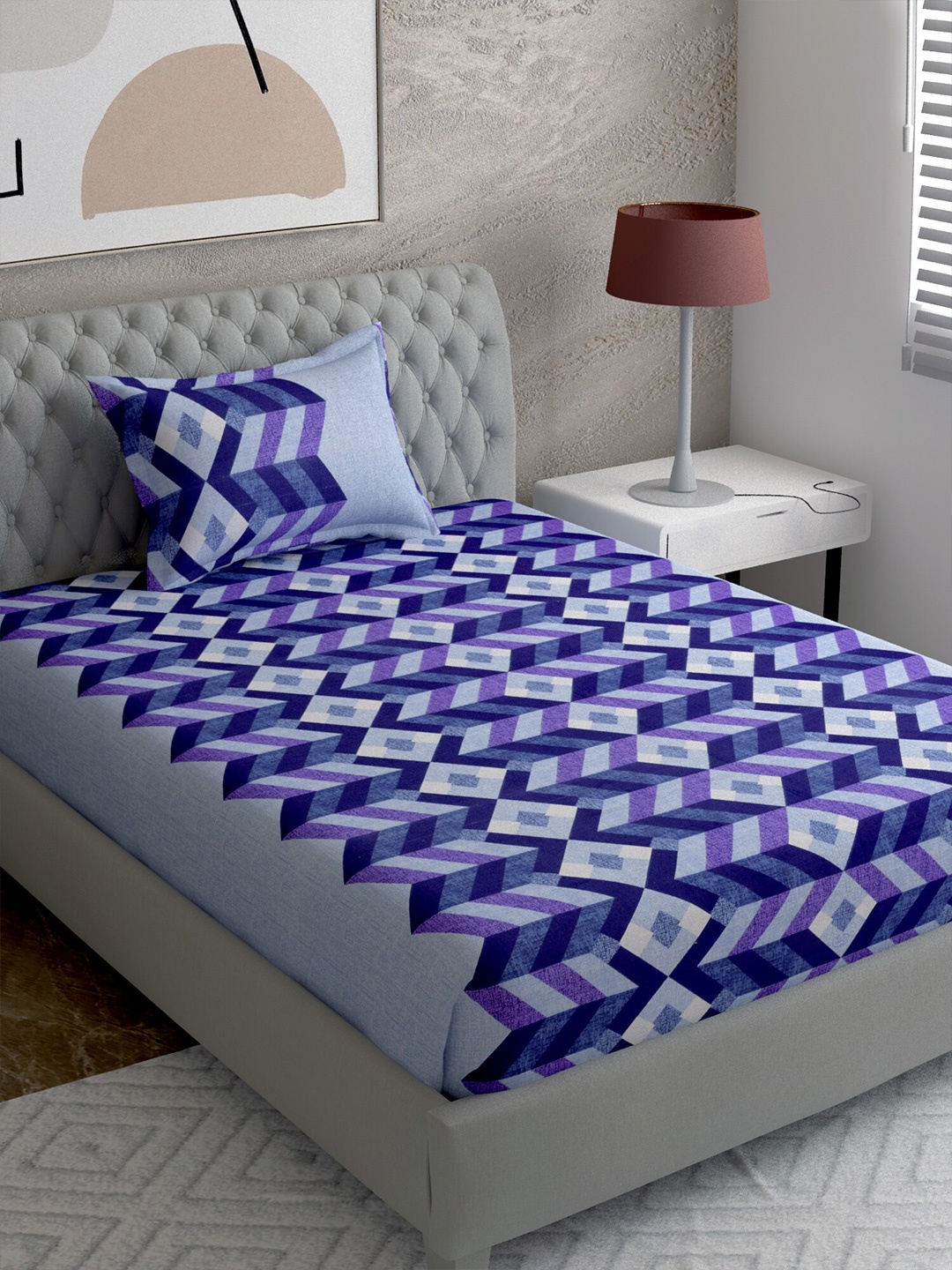 

EverHOME Blue & Purple Geometric 144 TC Single Bedsheet with 1 Pillow Covers