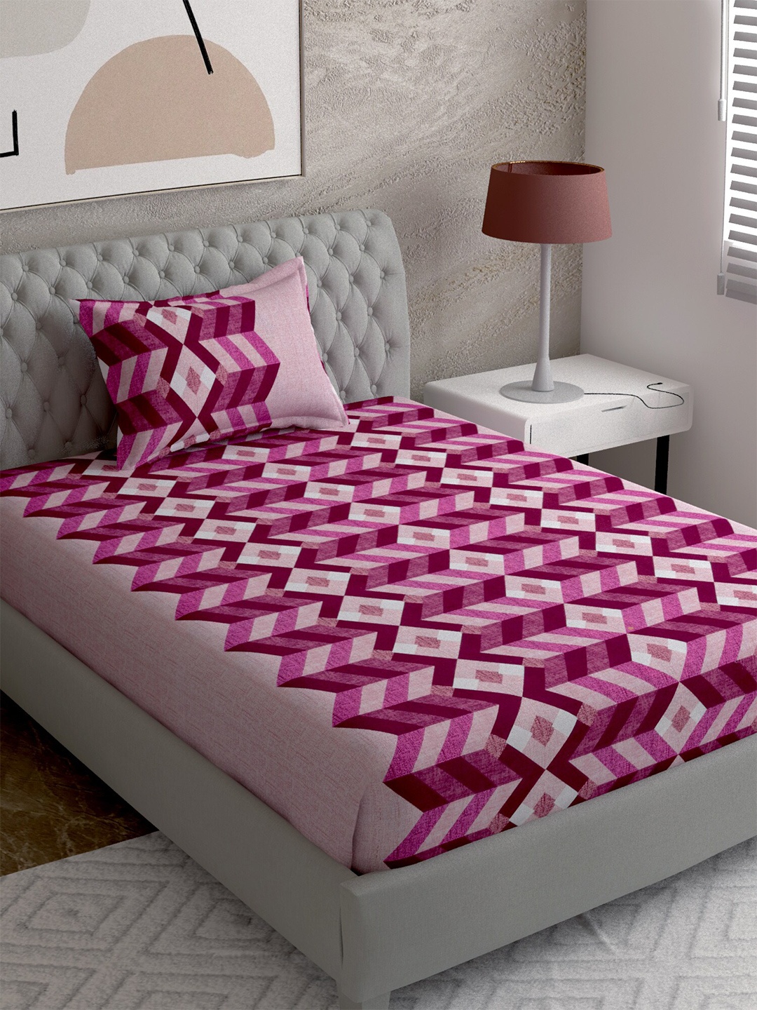 

EverHOME Magenta & White Geometric 144 TC Single Bedsheet with 1 Pillow Covers