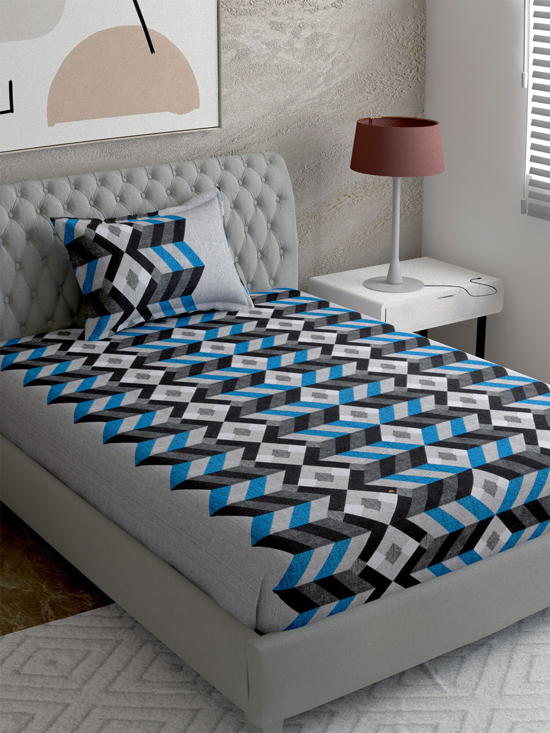 

EverHOME Blue & Grey Geometric 144 TC Single Bedsheet with 1 Pillow Covers