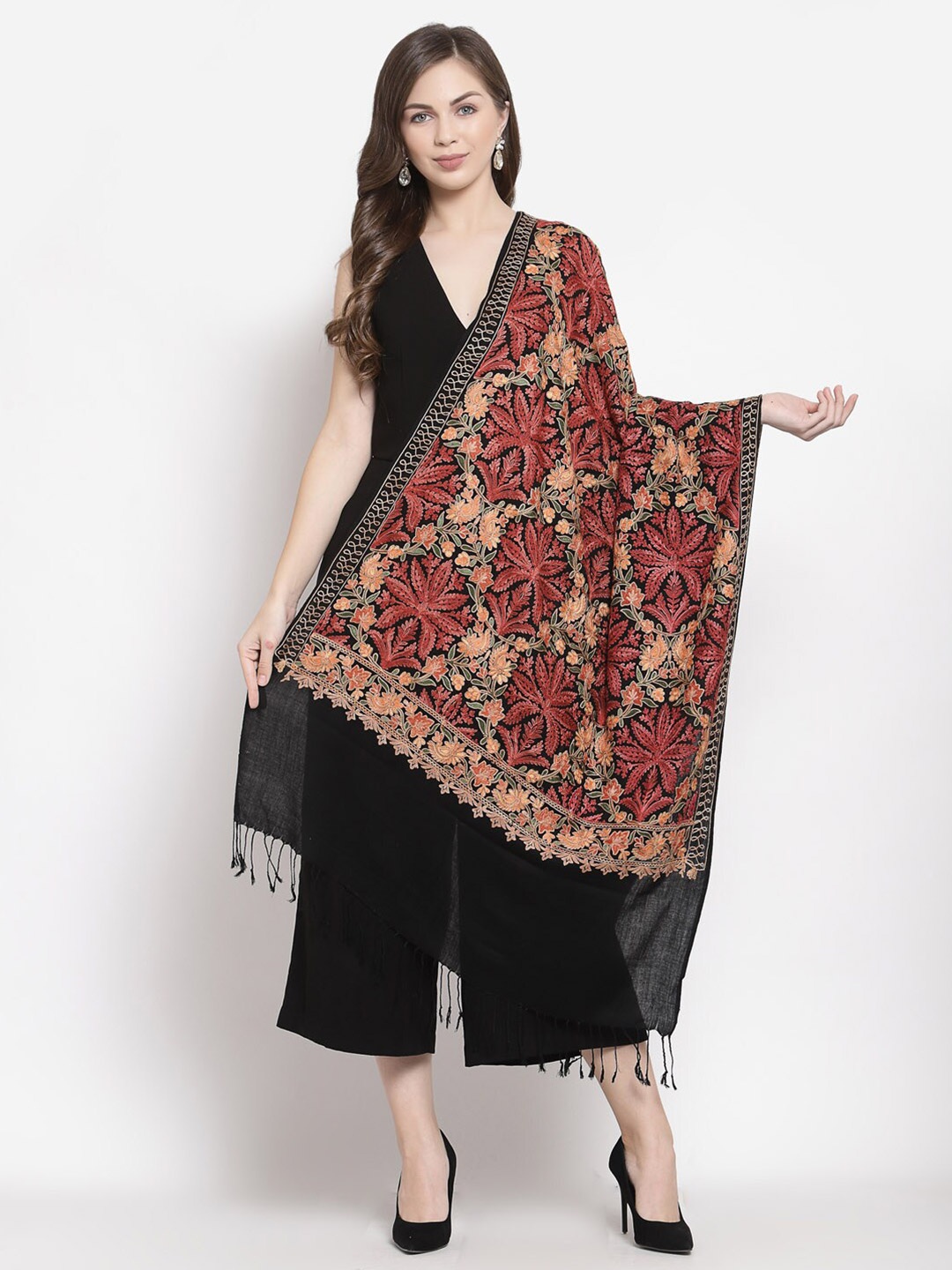 

Pashtush Women Black & Red Embroidered Stole