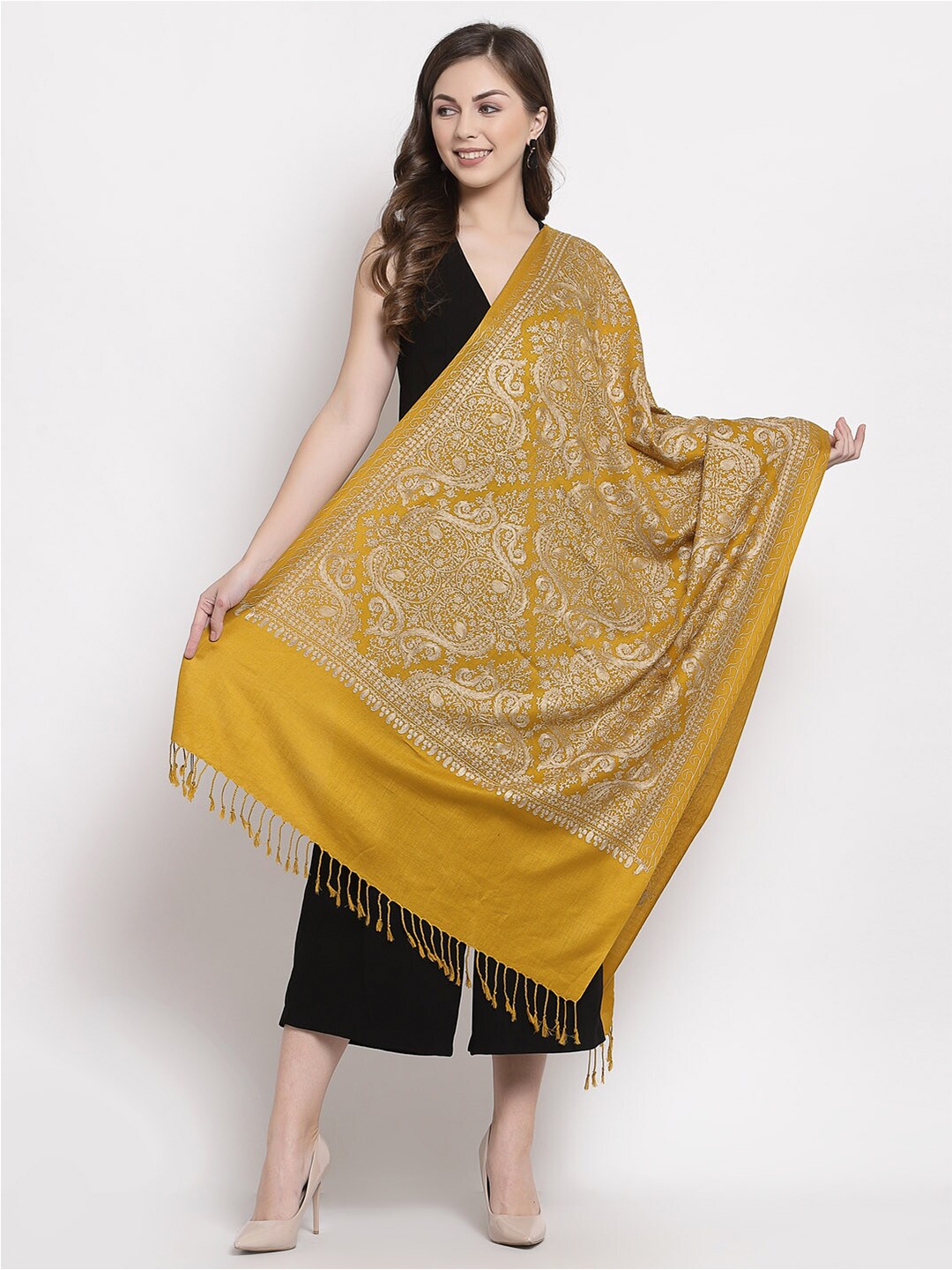 

Pashtush Women Mustard & Silver-Toned Embroidered Stole