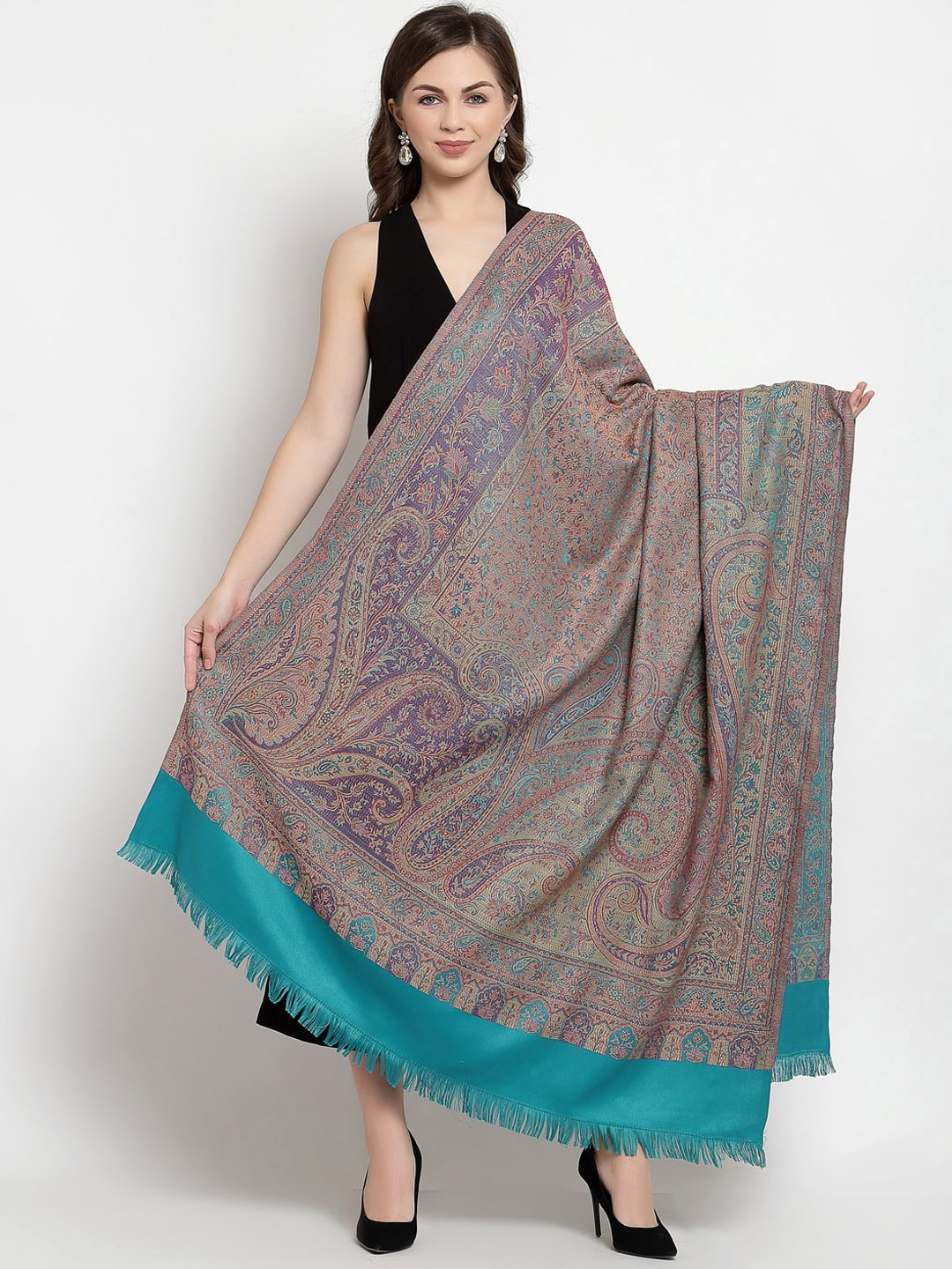 

Pashtush Women Blue & Beige Woven Design Shawl
