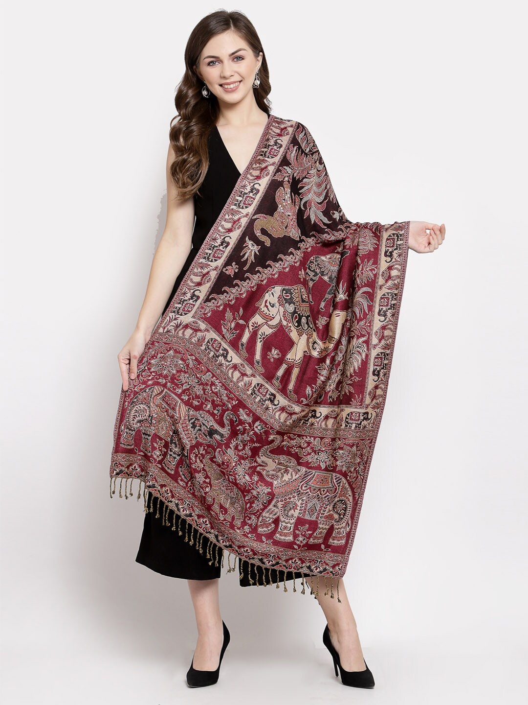 

Pashtush Women Maroon & Black Woven Design Stole