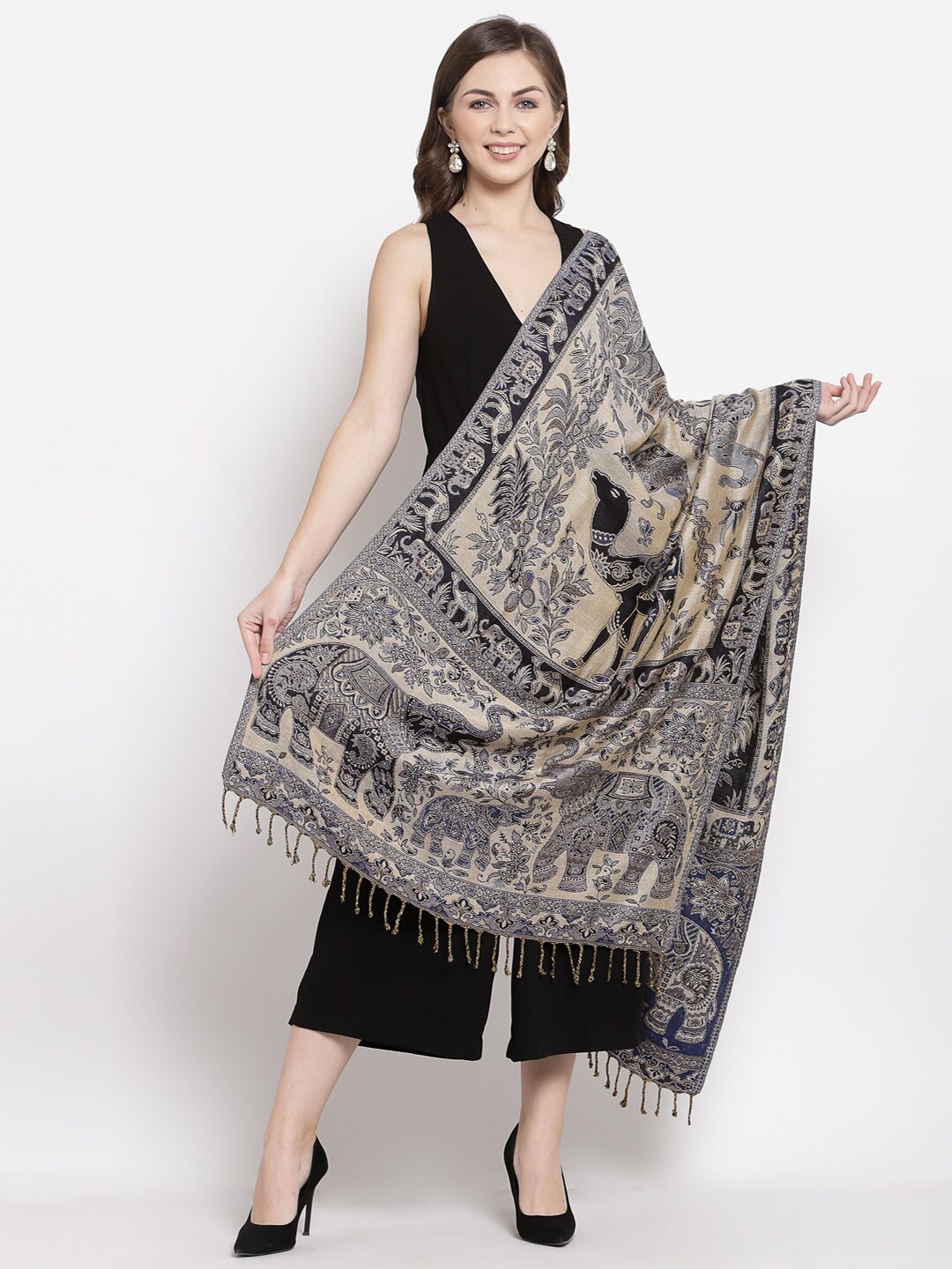 

Pashtush Women Black & Beige Woven Design Stole