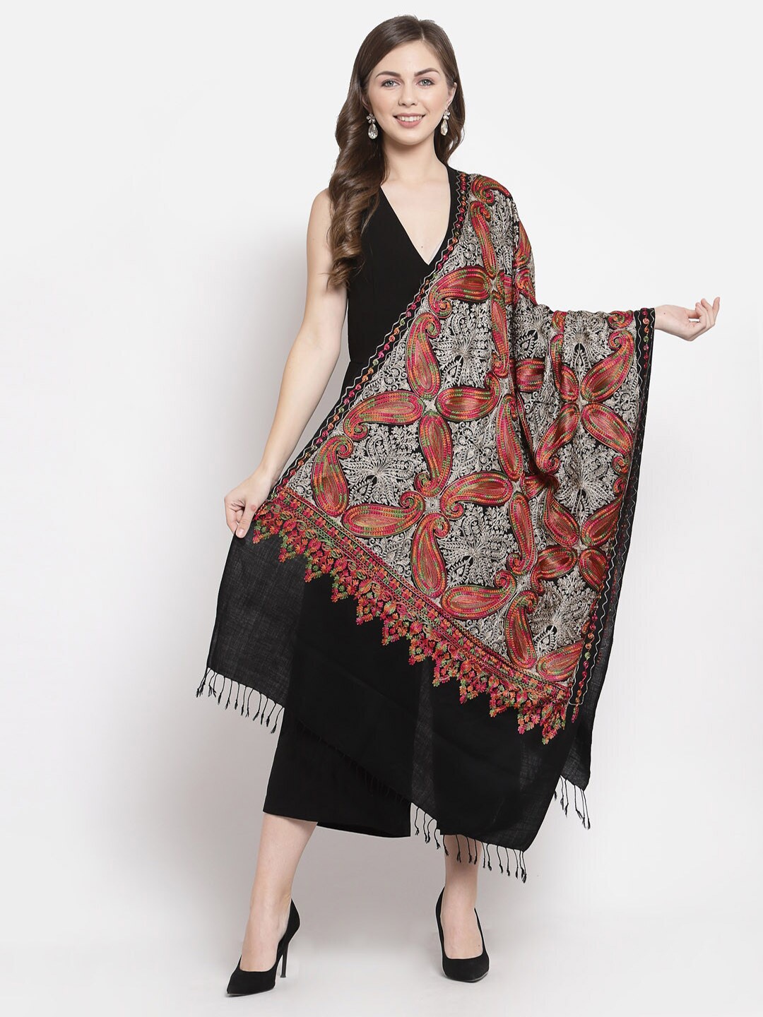 

Pashtush Women Black & Pink Embroidered Stole