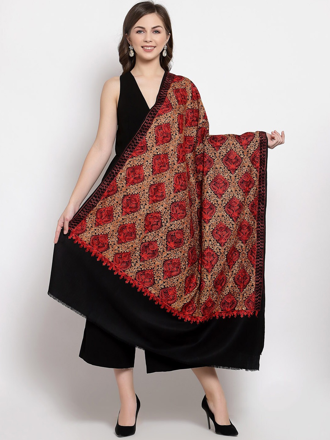 

Pashtush Women Black & Pink Embroidered Shawl