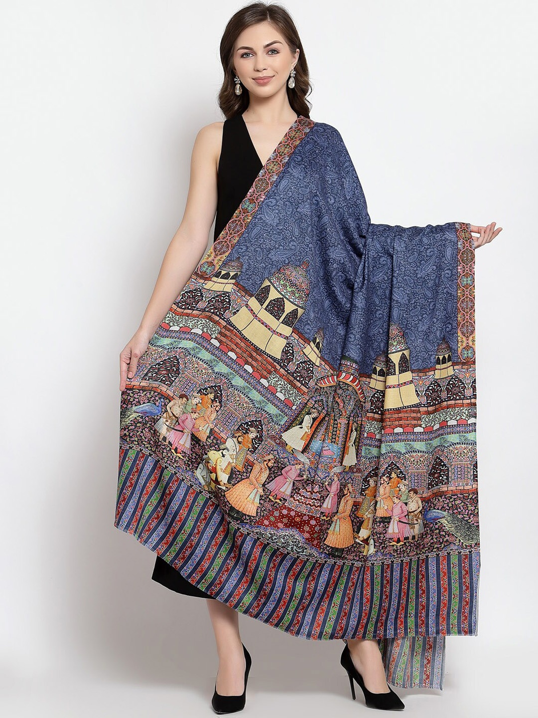 

Pashtush Women Blue & Yellow Printed Woolen Shawl