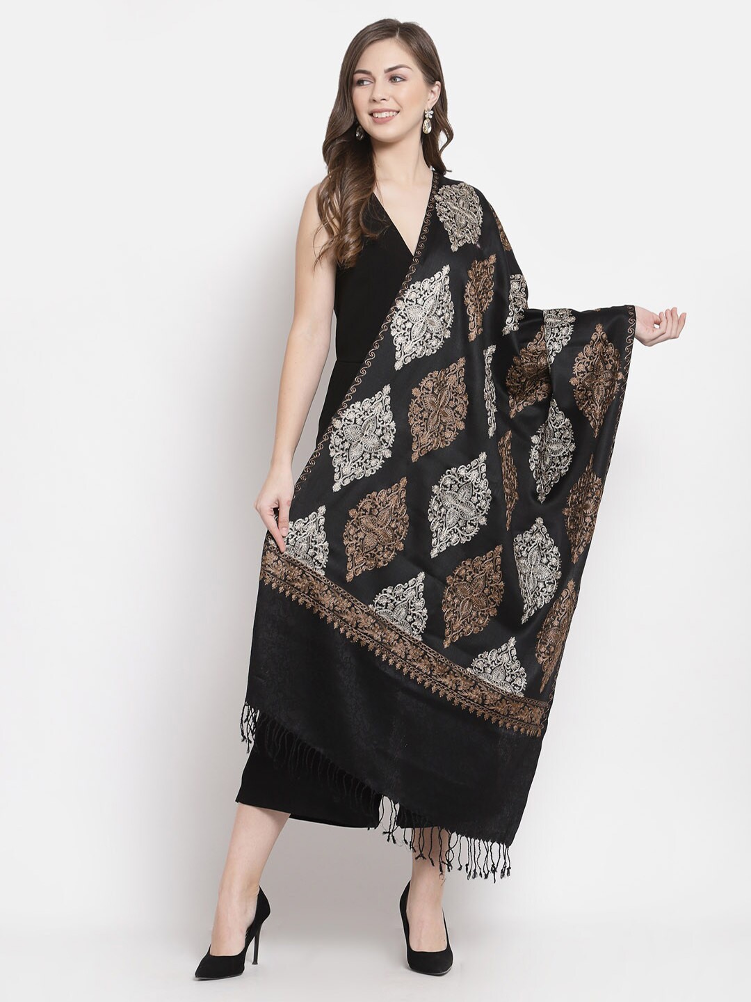 

Pashtush Women Black & Silver-Toned Embroidered Stole