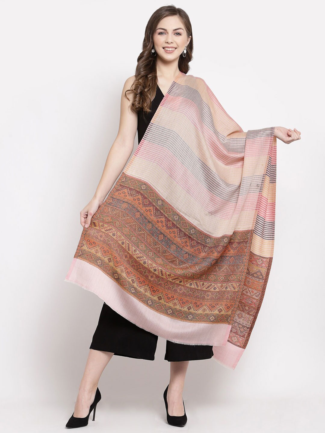 

Pashtush Women Cream-Coloured & Pink Printed Stole